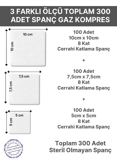 Spanç Gazlı Bez Kombo 3 Paket Xl 8 Katlı 300 Adet - Yüksek Emici, Yapışmayan, Nefes Alabilir %100 Pamuk Yara Pansuman Pedi
