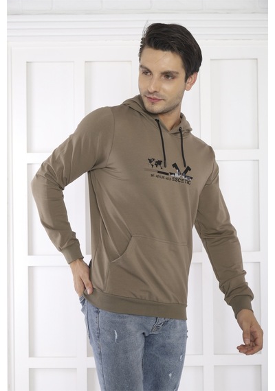 Escetic Spor Erkek Haki Cepli, Kapüşonlu Sweatshirt-4171