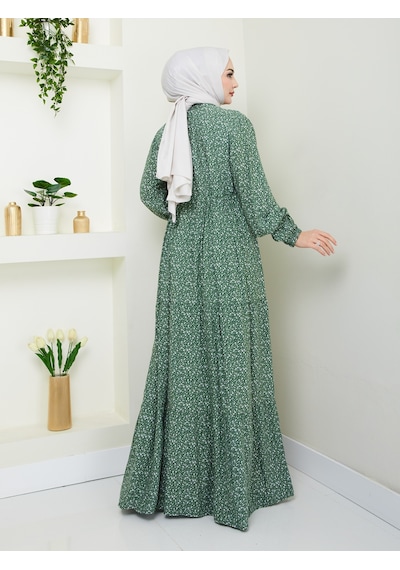 Düğme Detaylı Çiçekli Viskon Elbise - Haki / E0123 Haki
