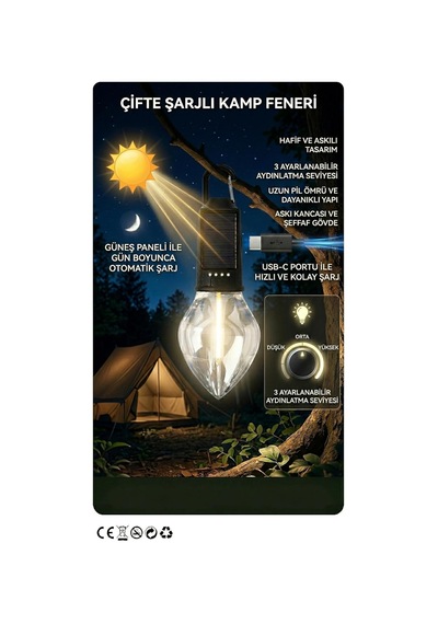 Tr Ayrex Vios Store Solar Ve Type-c Şarjlı Kamp Lambası / 3 Kademeli Işık, Şarj Göstergeli, Asılabilir Suya Daya