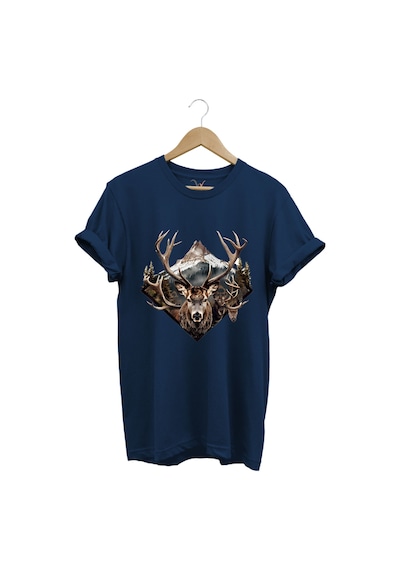 Avcılık Geyik Avı Dağ Doğa Baskılı Minimal Regular Fit %100 Pamuk Lacivert T-shirt Lacivert
