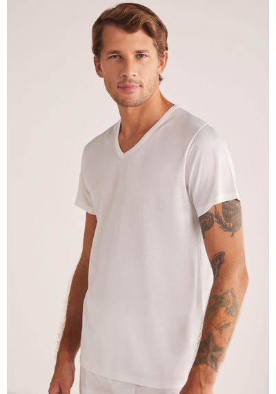 Kom Elite Merserize V Yaka T-shirt Beyaz