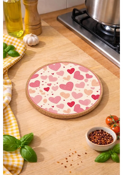 Pembe Kalp Desenli Mantar Nihale Tencere Tava Altlığı 19cm Çapında 1cm Kalınlığında Çok Renkli