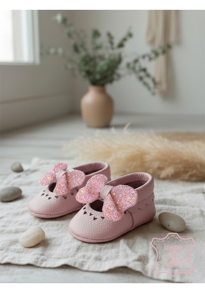 Denokids Kız Bebek Patik Hakiki Deri Taşlı Pembe Yumuşak Taban Ayakkabı 17-21 Numara Renkli