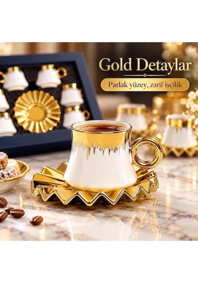 6 Kişilik 12 Parça Türk Kahvesi Fincan Seti 100 Ml Beyaz Gold Detaylı Porselen Çok Renkli