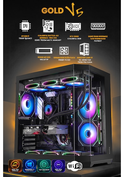 Gamers Arena Gold V5 R5-7500F 16 GB 512 GB SSD RTX5060 Dos Masaüstü Oyuncu Bilgisayarı