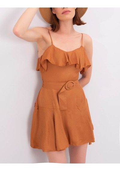 Soft Yumuşak İnce Saten Fırfırlı Kemerli Şortlu Tulum Sütlü Kahve Sütlü Kahve