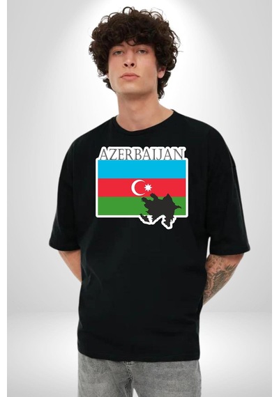 Azerbeycan Bayrak Ülke Pamuklu Bisiklet Yaka Unisex Oversize Boyfriend Dijital Baskılı Siyah T-shirt Siyah