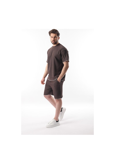 Madmext Kahverengi Nakış Detaylı Erkek Şort T-shirt Takım E7305 Kahverengi