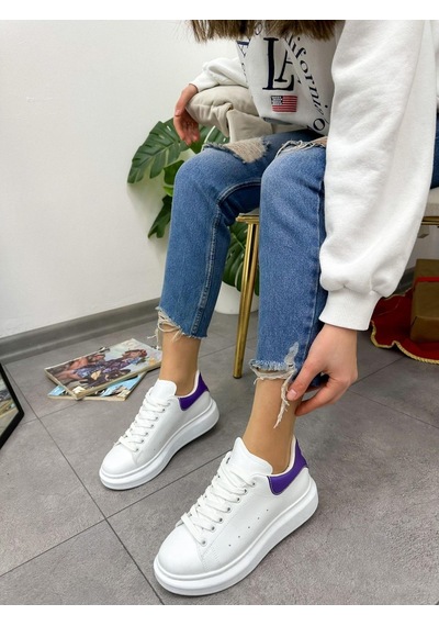 Erva'nın Butiği Beyaz Mor Queen Kadın Bağcıklı Sneakers-5025 Beyaz Mor Cilt