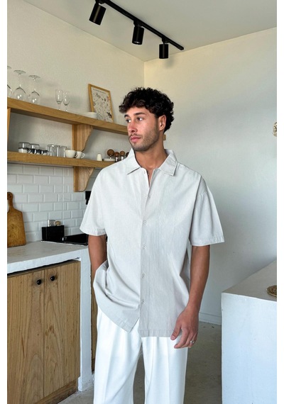 Flaw Keten Oversize Kısa Kol Gömlek Taş Rengi-25768 Taş