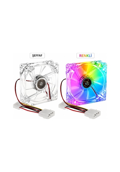 2 Adet - 8cm Kasa Fanı - 4 Renk Led Işıklı - Şeffaf - Molex Bağlantı