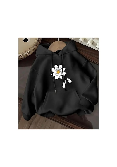 Herkesemoda Papatya Baskı Detaylı İçi Polarlı Kapüşonlu Sweatshirt Siyah