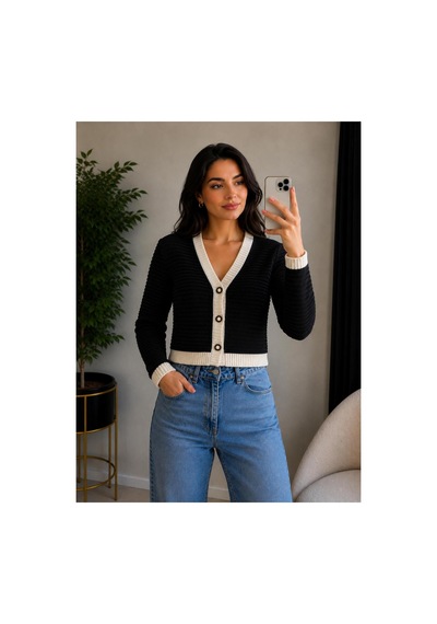 Hira Life Fashion Kadın V Yaka Düğmeli Şeritli Kısa Crop Ceket-hırka Siyah Siyah