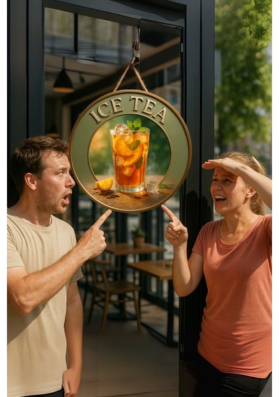 Ice Tea Temalı Kapı Süsü Tablosu, Soğuk Çay Konseptli Uv Baskılı Ferahlatıcı Cafe Büfe Duvar Dekoru