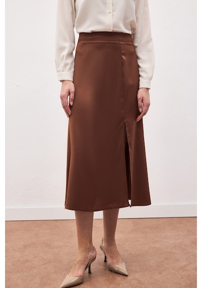 Sateen Yırtmaçlı Saten Etek - Kahve-136723 Kahve