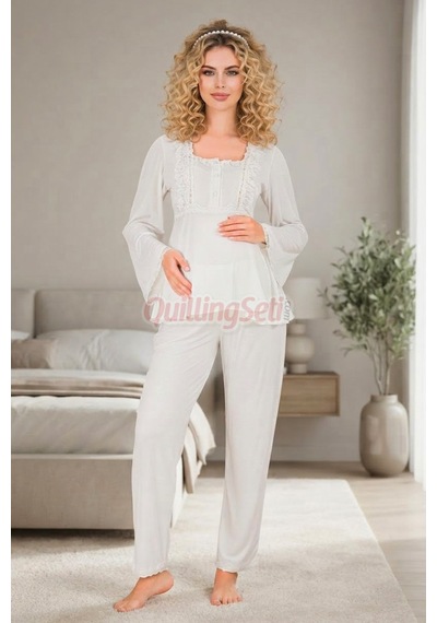 Lady  Dantel Detaylı 33205 Uzun Kol 2 Parça Lohusa Hamile Pijama Takımı Ekru Renkli