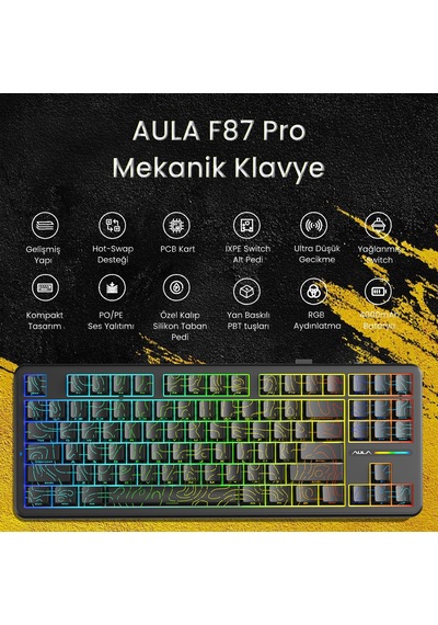 Aula F87 Pro Mekanik Rgb Tkl Kayhua İntelligent Switch Kablosuz Makrolu Hot Swap Klavye Desenli Siyah