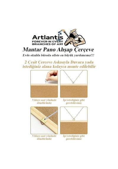 Mantar Pano Ahşap Çerçeve 60x90 Cm 1 Adet Harita Çivisi Hediyeli Duvara Monte Mantar Çerçeve Evde Okulda Büroda O Diğer