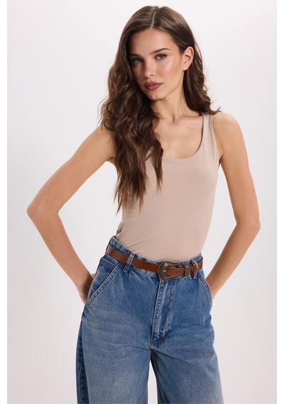 Tudors Kadın Standart Fit Normal Kesim Kolsuz Halter Yaka Bej Crop Atlet-50964