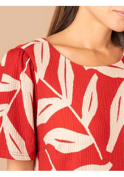 Lupinn Moda Kadın Bisiklet Yaka Kısa Kollu Yaprak Desenli Rahat Kesim Yazlık Mini Elbise Kırmızı