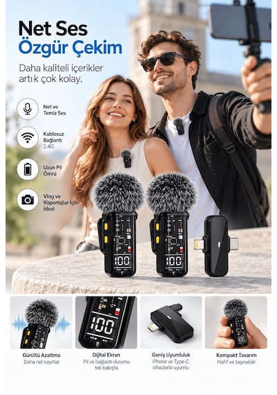 Kablosuz Çift Yaka Mikrofonu Dijital Ekranlı Vlog Ve Canlı Yayın
