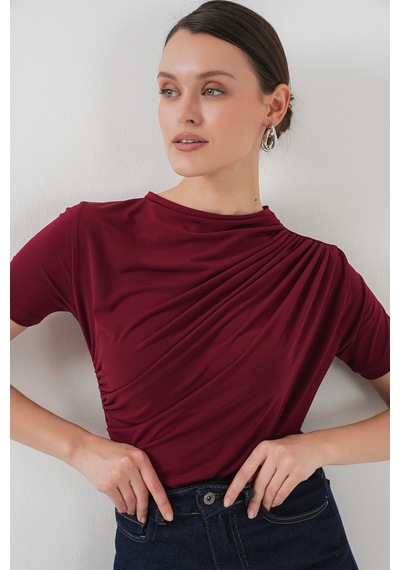 Bigdart Büzgü Detaylı Kısa Kol Sandy Bluz 945 - Bordo