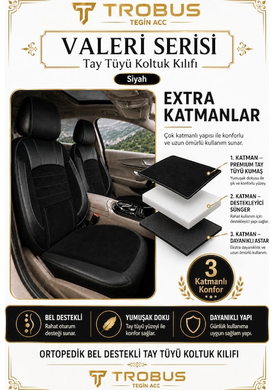 Bmw 3 Serisi E36 1993-2000 Uyumlu Valeria Serisi Siyah Bel Destekli Tay Tüyü Koltuk Kılıfı