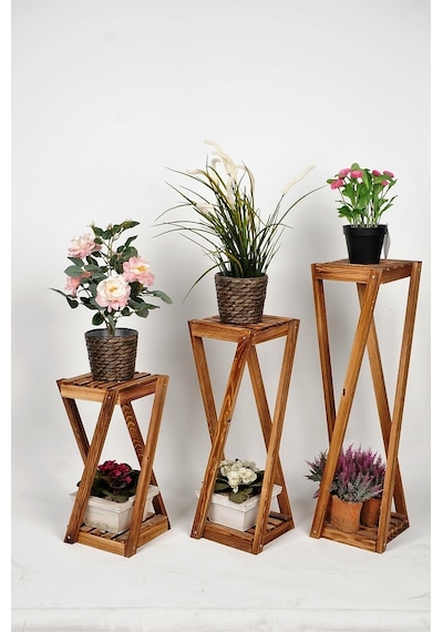 Woodencity Ahşap Çiçeklik Ahşap Üçlü Saksılık Dekoratif Çiçek Stand Üçlü Set Diğer