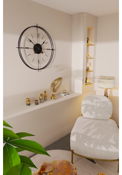 MetaQuartz Aksesuar Deluxe Şeffaf Cam İskandinav Çiftçember Camlı Duvar Saati Siyah 55 x 55 CM