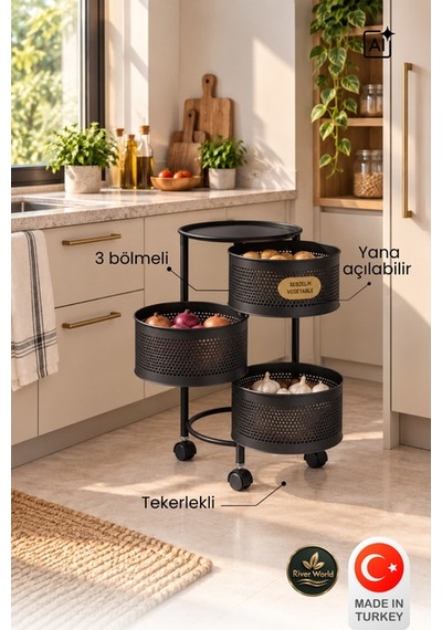 River World Tekerlekli Rengi Siyah Açılabilen 3 Katlı Çok Amaçlı Metal Raf Mutfak, Balkon, Kiler Çok Renkli