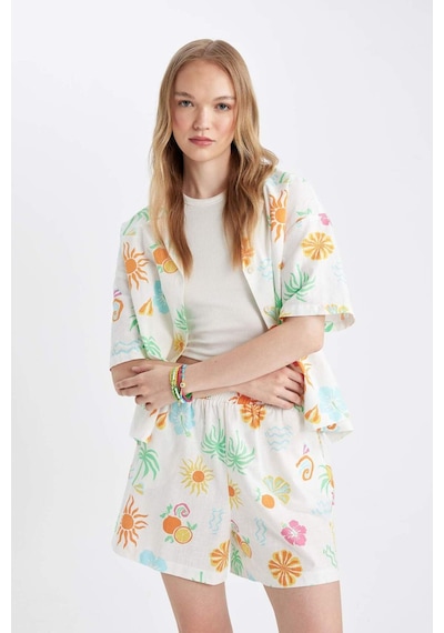 DeFacto Coool Oversize Geniş Kalıp Desenli Pijama Yaka Kısa Kollu Gömlek D5117AX24HSWT34