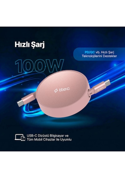 Ttec USB-C - USB-C Mini Makaralı 100W PD/QC 120 CM Hızlı Şarj Kablosu