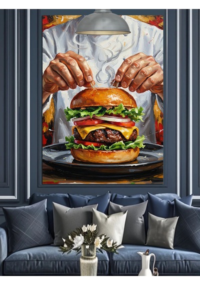 Burger Yapan Bir Adam Dekoratif Kanvas - Mdf Ahşap Tablo