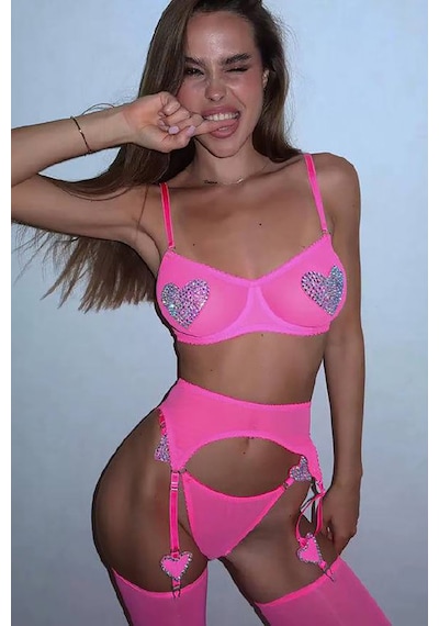 Anna Taşlı Kalpli Jartiyer - Neon-pembe Pembe