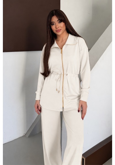 Balenbi Oversize Fermuarlı Beli Bağcıklı Polo Yaka Modal Kadın Takım 1196 - Premium Seri Ekru Balenbi Oversize Fermuarlı Beli Bağcıklı Polo Yaka Modal Kadın Takım 1196 - Premium Seri Ekru