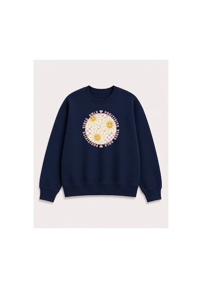 Herkesemoda Gülen Yüzler Emoji Baskılı 2 İplik Şardonlu Bisiklet Yaka Sweatshirt Lacivert