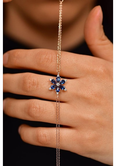 Roza Silver Safir Taşlı Rose Lotus Çiçeği Gümüş Bileklik