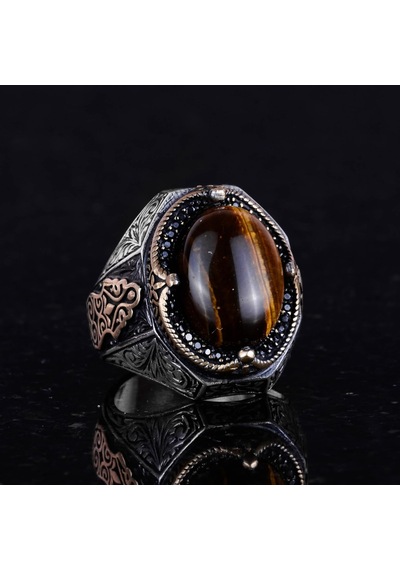 El Yapımı Cabochon Kaplan Gözlü Taş Yüzük - 925k Katı Gümüş Erkek Yüzüğü - Cesur Tasarım Gümüş