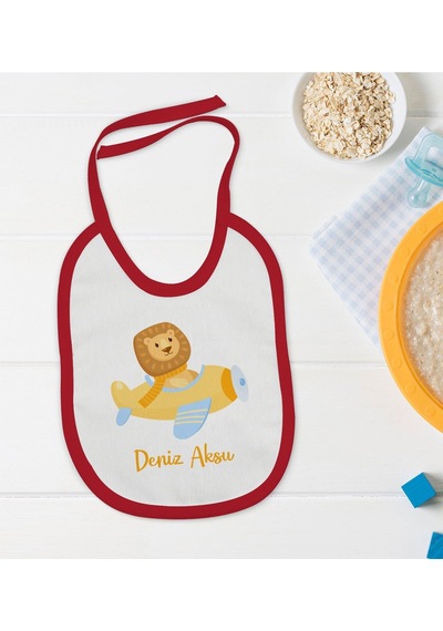 BK Kids Kişiye Özel Sevimli Pilot Tasarımlı Kırmızı Bebek Mama Ön Kırmızı