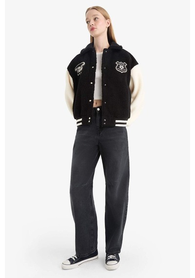 Defacto Coool Oversize Geniş Kalıp Polo Yaka Pelüş Bomber Ceket E9837ax25wnbk81 Siyah