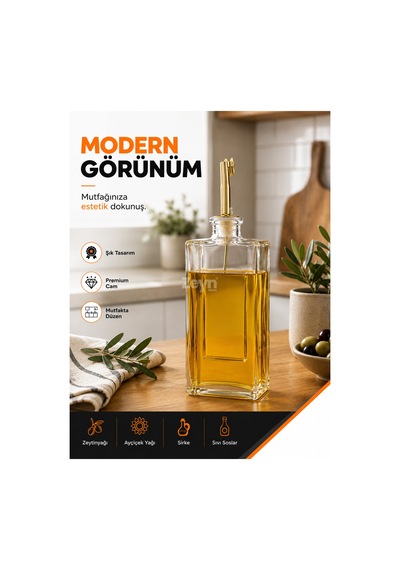 750 Ml Dikdörtgen Cam Yağdanlık Kontrollü Gold Döküş Başlıklı Zeytinyağı, Sirke Ve Sıvı Sos Şişesi Şeffaf
