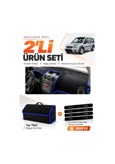 Ford Connect 2009-2012 Uyumlu Torpido Örtüsü + Tay Tüyü Bagaj Çantası + Sticker Seti - Siyah Mavi