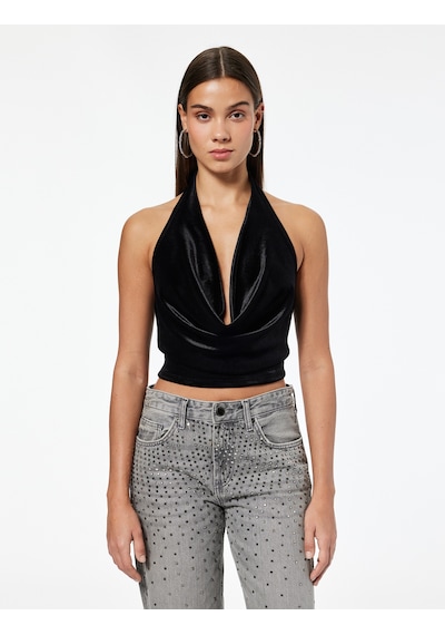 Koton Slim Fit Kadife Degaje Yaka Kolsuz Crop Bluz Siyah 7wal30002ık