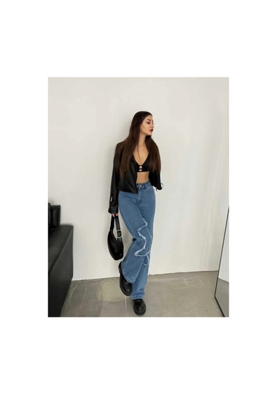 Kene Jeans Yüksek Bel Bacak Yıldızlı Bol Paça Jeans Mavi