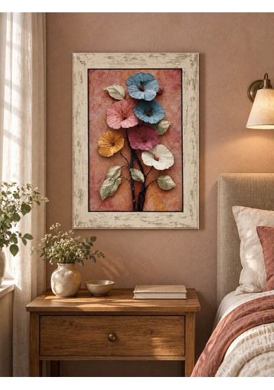 Ahşap Eskitme Çerçeve Desenli Dokulu Çiçekler Temalı Dekoratif Ahşap Tablo 52x72 Cm