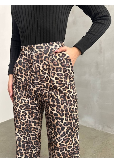 Premium Leopar Desenli Palazzo Pantolon Yüksek Bel, Oversize Bej