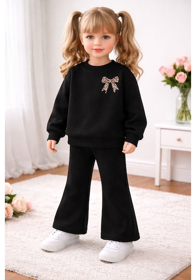Kız Çocuk Leopar Fiyonk Baskılı Sweatshirt & İspanyol Paça Eşofman Takımı Siyah Kız Çocuk Leopar Fiyonk Baskılı Sweatshirt & İspanyol Paça Eşofman Takımı Siyah