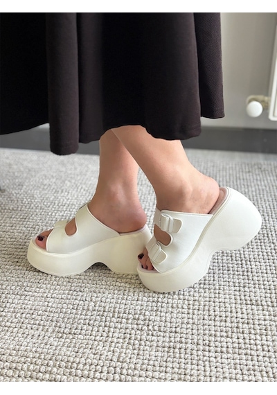 Asmi Shoes Kadın Wera Beyaz İki Tokalı Kalın Taban Ortopedik Sandalet&terlik