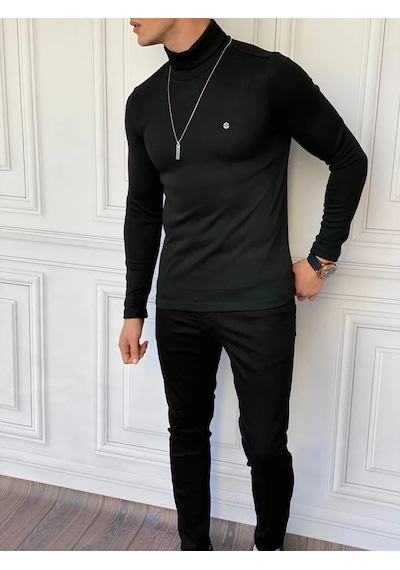 Modefendi Slim Fit A Kalite Pamuk Tam Boğazlı Kazak Siyah